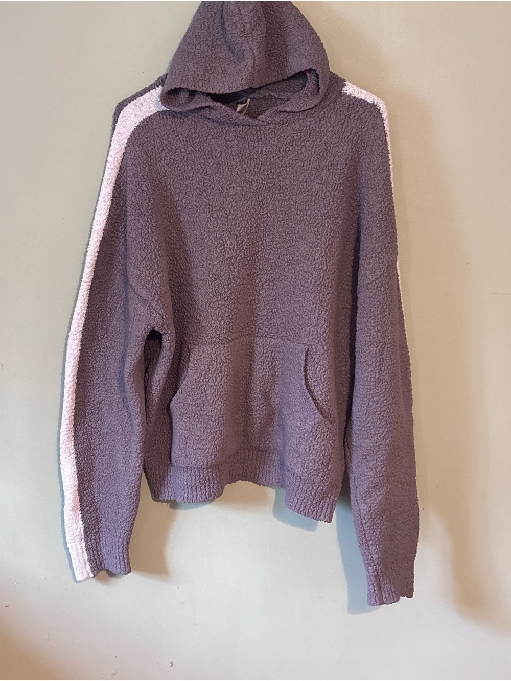 SKIMS Hooded Sherpa Sweater in Dusty Purple with cream Stripe S/M